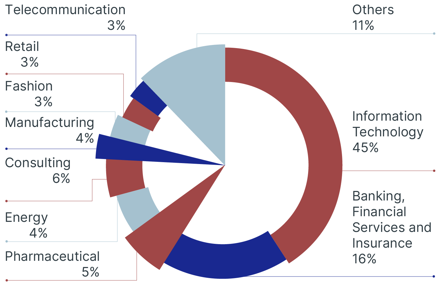Industry: Information Technology 45%, Banking, Financial Services and Insurance 16%, Others 11%, Consulting 6%, Pharmaceutical 5%, Manufacturing 4%, Energy 4%, Telecommunication 3%, Retail 3%, Fashion 3%